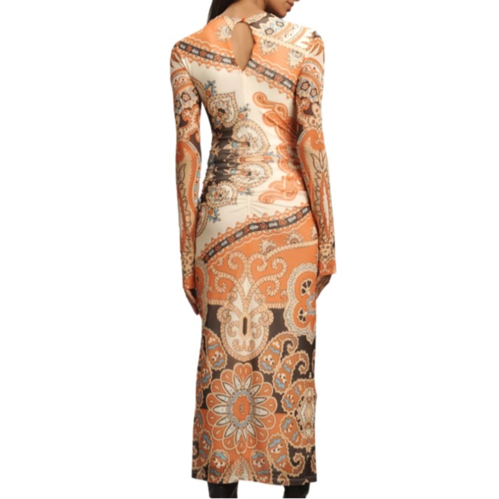 Farm Rio Long-Sleeve Mock-Neck Mesh Slim Midi Dress - Orange Bandana L - Picture 4 of 10